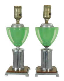 LIGHTING: Pair of Jadeite and chrome table lamps, Art Deco style with ridged chrome base beneath