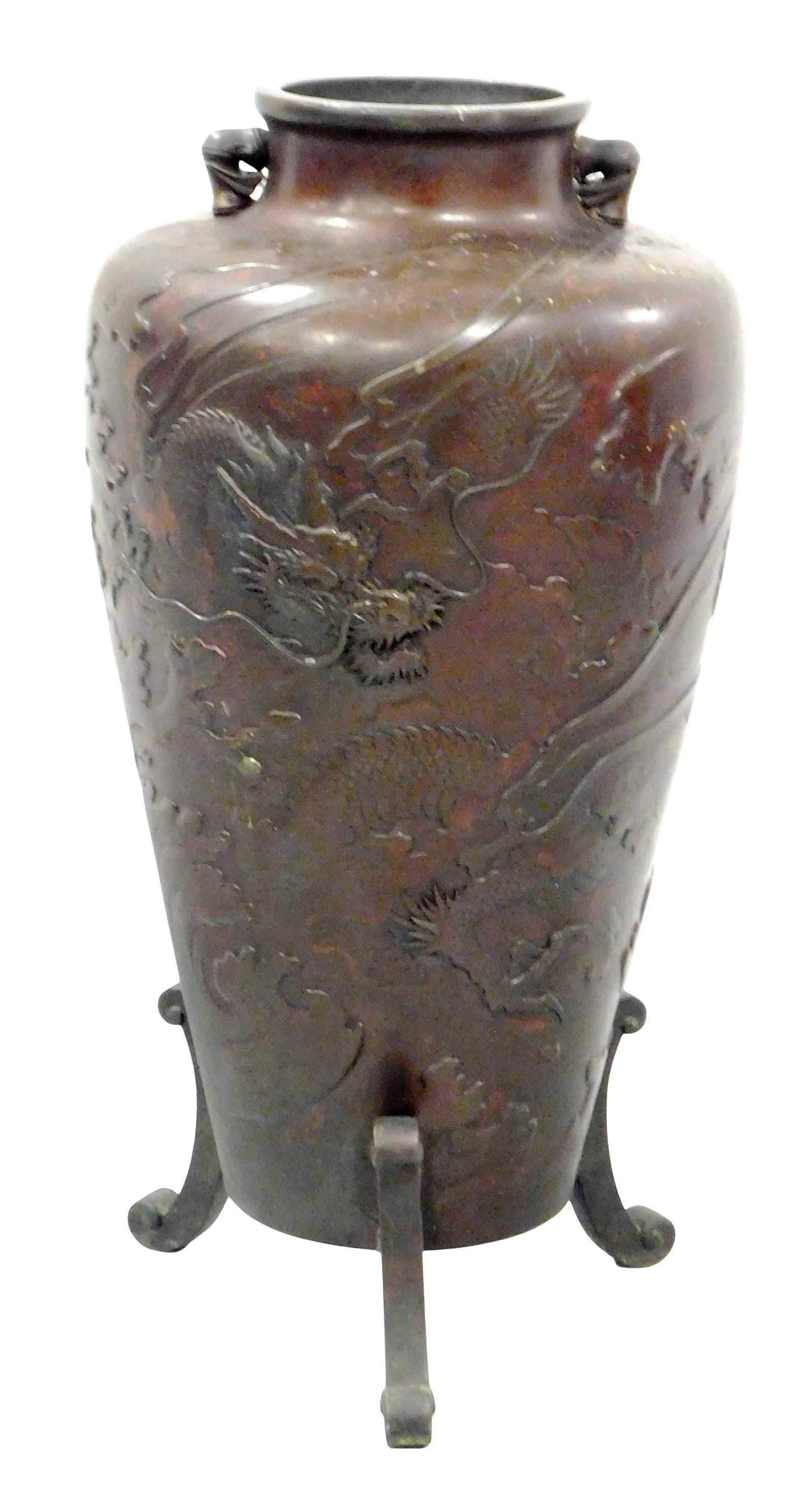 ASIAN: Japanese bronze vase on three scrolled supports (one loose), urn form with dragon relief, (1 of 3)
