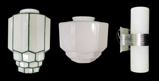 Two Art Deco shades and mid-century light fixture, details include: "skyscraper" milk glass light