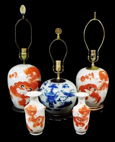 ASIAN: Five Chinese porcelain vessels, late 19th/ mid 20th C., including three ginger jar bases with