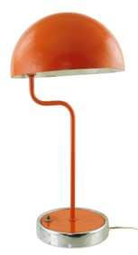 Orange and chrome table lamp, mid/late 20th C., dome shade with curved thin standard, on chrome and
