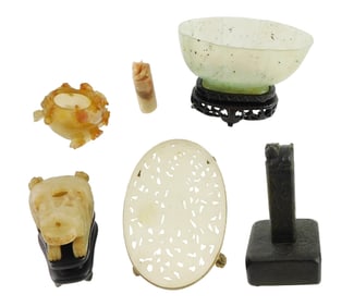 ASIAN: Six pieces of carved hardstone: oval bowl with wooden stand, 6" l; carved oval scene with