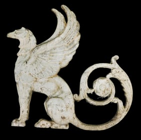 Heavy cast metal Griffin figure, floral detail in tail, double sided architectural mount or garden
