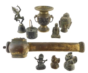 ASIAN: Metalware figural and other pieces, nine total, details include: inkwell and brush holder,