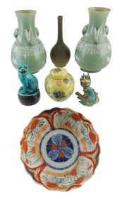 ASIAN: Seven pieces of pottery and porcelain including an Imari bowl, scalloped rim, 18 1/2" diam.;