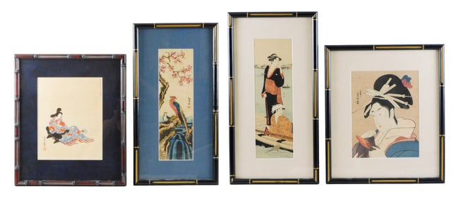 ASIAN: Four woodblock prints, including three depicting ukiyo-e beauties, one by Kitagawa Utamaro