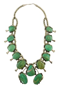 JEWELRY: Navajo Squash Blossom Necklace, bold example in sterling with large stones, ten squash