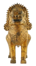 ASIAN: Thai Singha Lion statue, gilt metal, open mouth, on four pawed feet, wear consistent with age