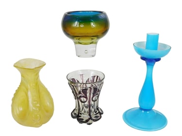 GLASS: Four pieces of contemporary colored glass, details include: Kosta, Sweden, bulbous vase with