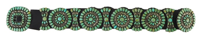 SILVER: Southwest Concho belt, Zuni style silver and turquoise, eight 'petit point' set medallions