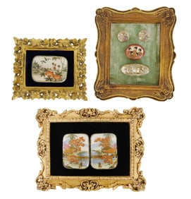 ASIAN: Three framed collections of Japanese Satsuma pins and other accessories, 20th C., all feature
