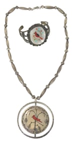JEWELRY: Two tested silver Zuni style inlaid cardinal motif, including a spinning pendant, center of