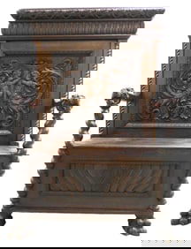Renaissance Revival bench, late 19th/early 20th C., carved bench, barley twist arm supports, lion