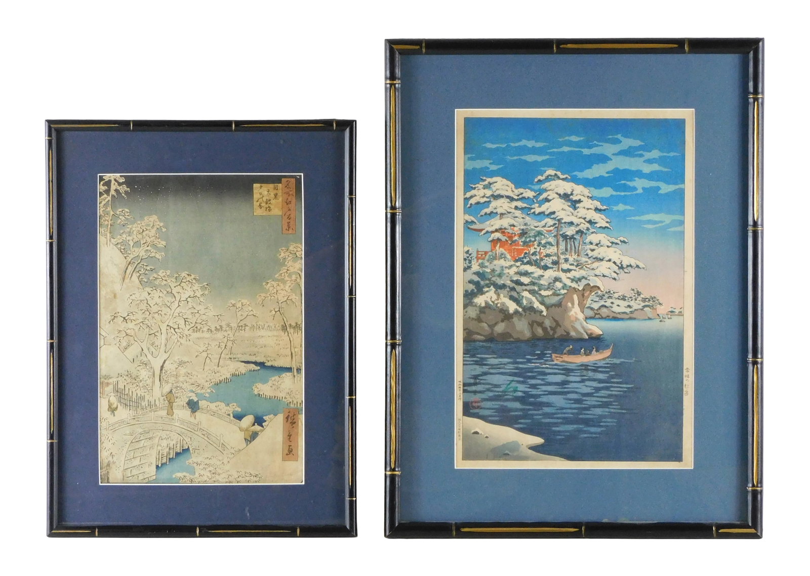 ASIAN: Two winter themed wood block prints, the first by Hiroshige (Japanese, 1797 - 1858) from the (1 of 6)