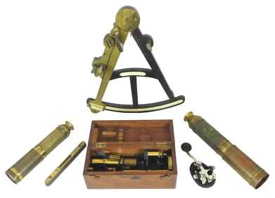 Six tools, 19th/20th C., including: octant, likely ebony, brass, and bone, marked Kutz, NY, 13 1/2"