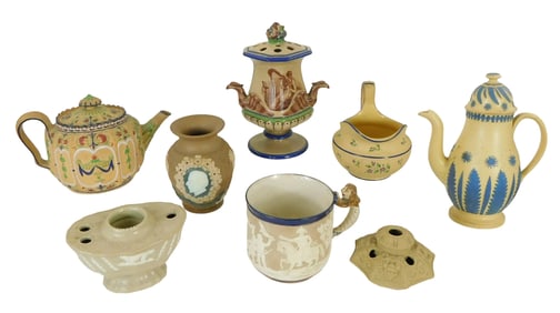 Doulton Lambeth, etc., eight pieces of ceramics, including marked “Doulton Lamm Silicon”