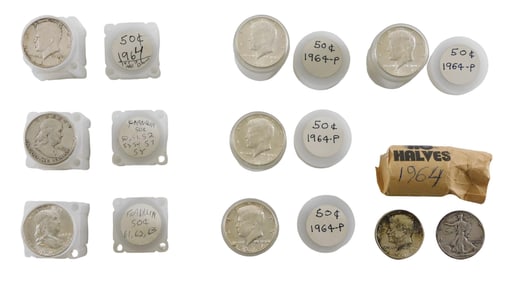 COINS: Lot of 90% silver 50c. Contains Walking Liberty, Franklin and 1964 Kennedy halves. Grades ran