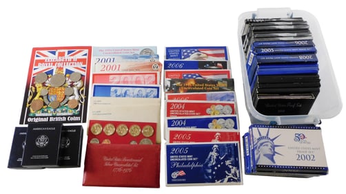 COINS: Lot of modern US mint sets. Includes 17 proof sets; 20 mint sets; one three coin 40% silver