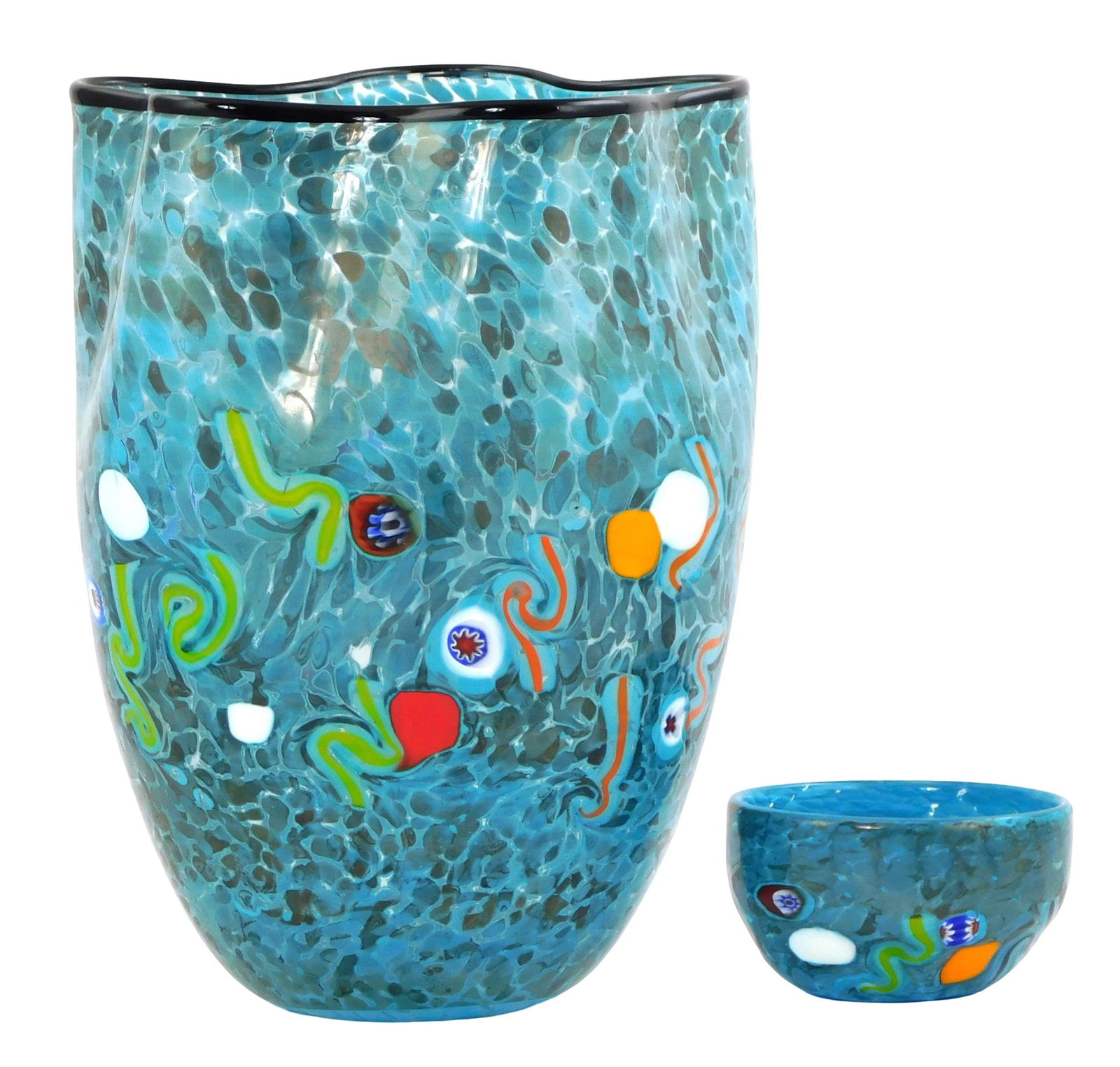 +ART GLASS: Two pieces of contemporary Murano glass by Reno Schiavon Art Team, "Frastuono" vase and: +ART GLASS: Two pieces of contemporary Murano glass by Reno Schiavon Art Team, "Frastuono" vase and bowl, 2017, tall vase with undulating sides and black rim, along with a small round bowl, each blue