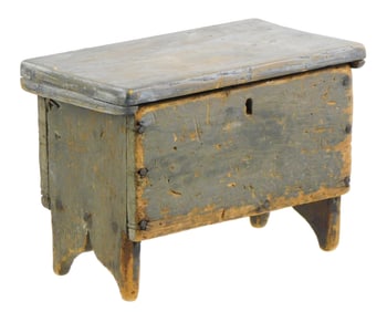 Miniature blanket chest, American, 19th C., pine, in old blue paint, nailed construction, no till,