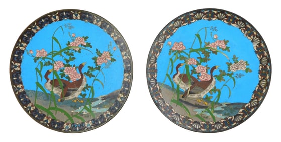 ASIAN: Near pair of cloisonne chargers, Japanese, probably Meiji period (1868- 1912), polychrome