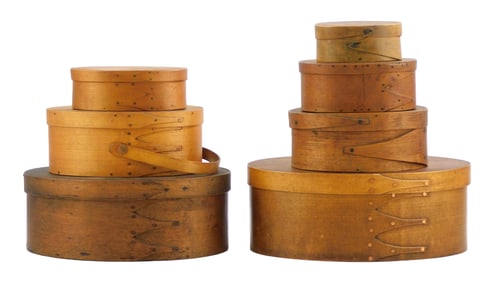 Seven oval pantry boxes, finger lap banded, graduated sizes, one with handle, one with inscription