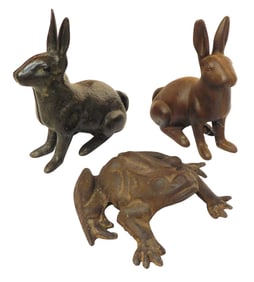 Cast iron animal sculptures, three including: one frog 10?? l., two rabbits, each approximately