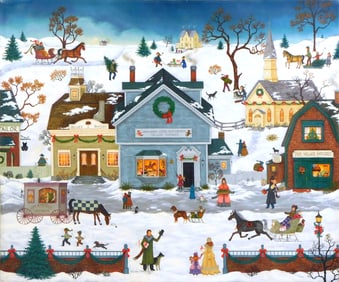 Linda Nelson Stocks (American, 1938-2011), "The Village Toymaker", 1987, oil on archival canvas,