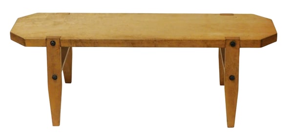 Hardwood bench, 20th C., joined by bolts with washers, oblong top and cut corners, wear consistent