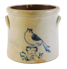 American salt glazed crock, two gallon, lug handles, cobalt bird on trunk decoration, impressed