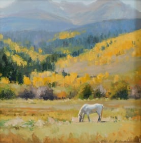Kate Kiesler (American, 20th/21st C.) "Lone Grazer", oil on board, signed lower right, depicting