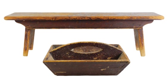 Miniature bench, American, 19th C., pine in original red wash, top resting on beaded apron with cyma