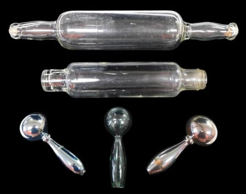 GLASS WHIMSEYS/TOOLS: Lot of five glass whimsey objects including: two darning balls, gold metallic