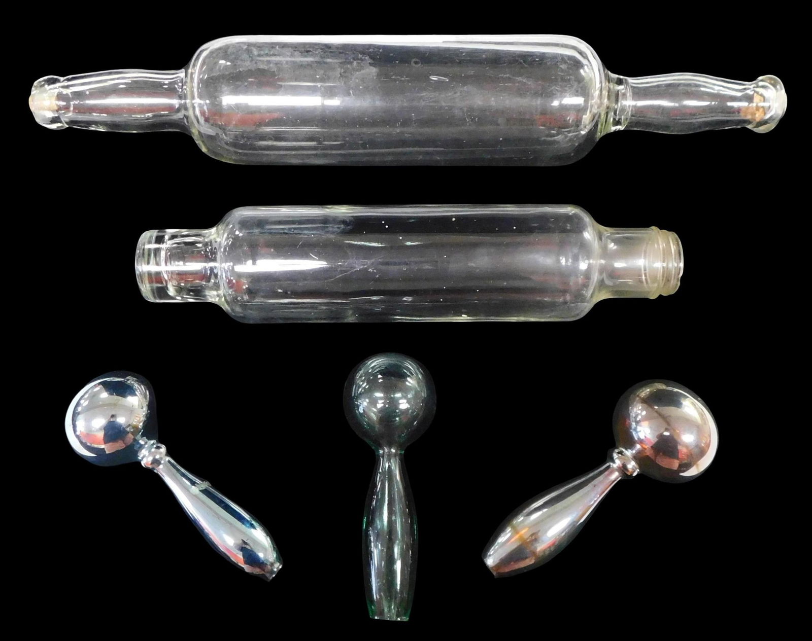 GLASS WHIMSEYS/TOOLS: Lot of five glass whimsey objects including: two darning balls, gold metallic (1 of 4)