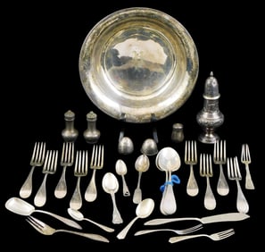 STERLING: Assorted sterling silver holloware, flatware, and serving pieces, all marked or stamped,