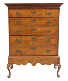 Five drawer chest on frame, American, 18th C., maple, chestnut, flat dovetailed and molded top over