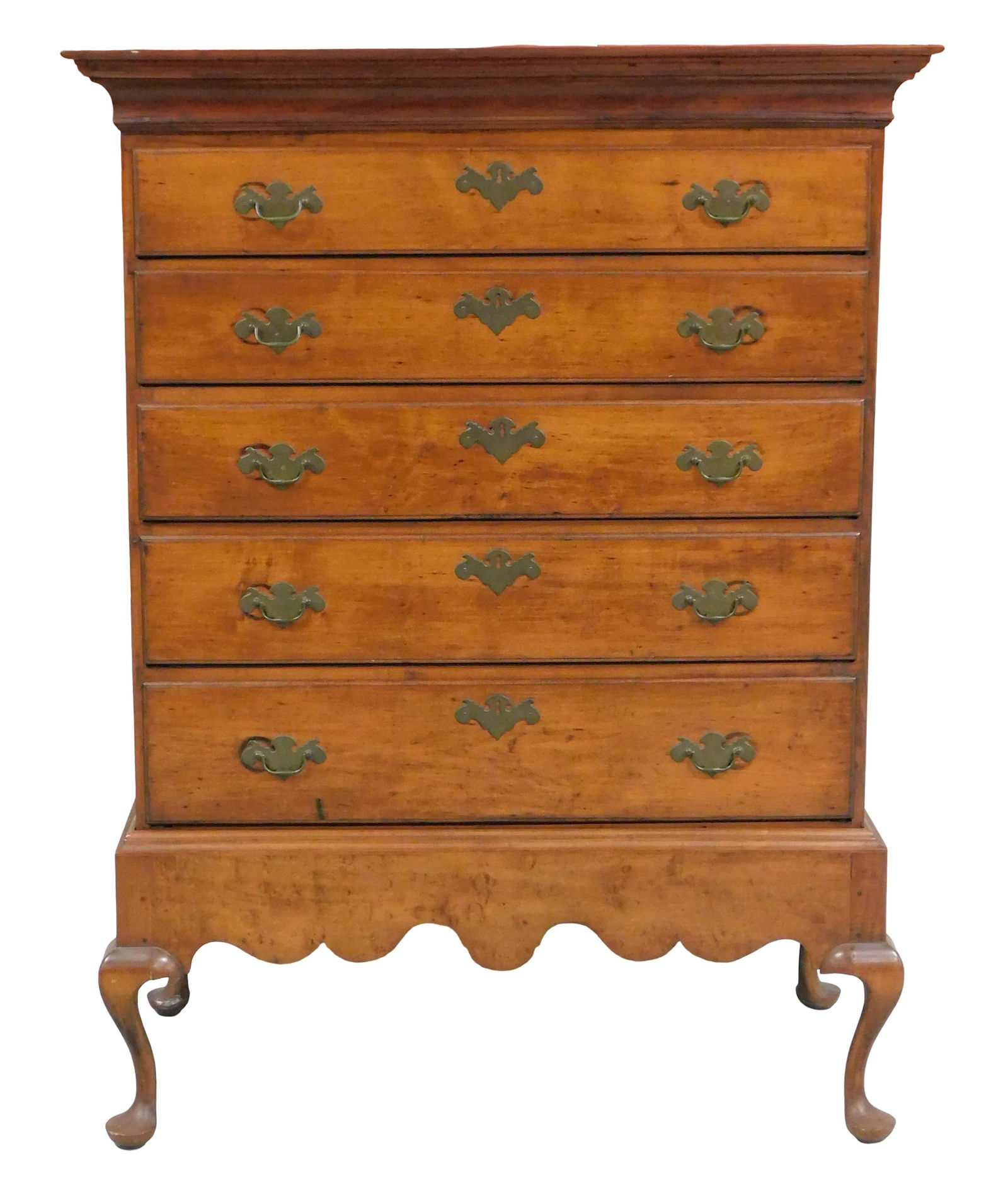 Five drawer chest on frame, American, 18th C., maple, chestnut, flat dovetailed and molded top over (1 of 3)