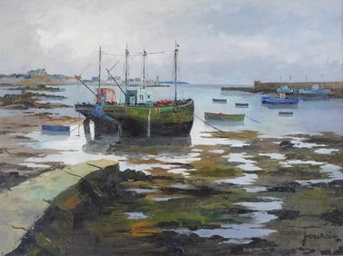 Andre Jourcin (France, 1905-1974), oil on canvas, coastal low tide scene with large fishing boat