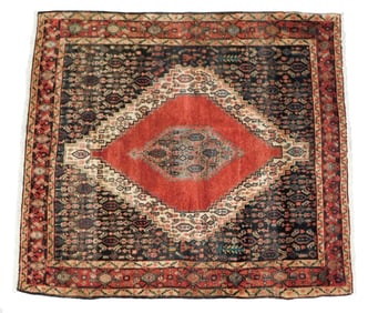 RUG: Antique Persian, Senneh design, 4' 9" l. x 4' 3" w., c. 1950's, wool on cotton, red borders