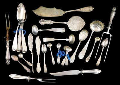 SILVER: Assorted silver serving pieces and flatware along with one piece of non-silver, all stamped