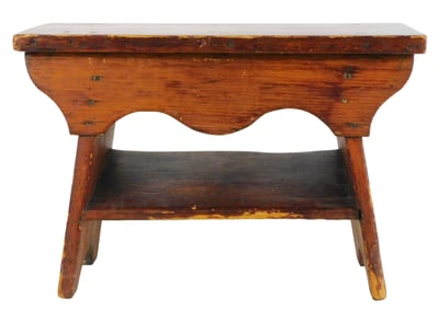 Stool, American, 19th C., pine, with shelf/brace, nailed construction, curved aprons, circular