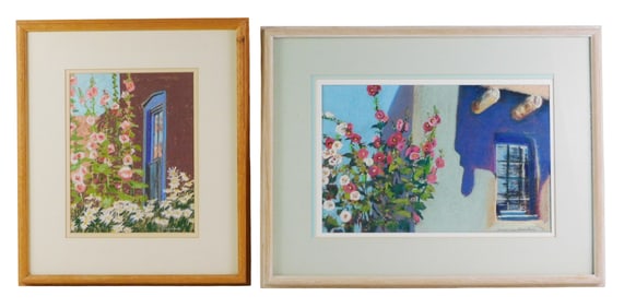 Two William Auclair pastel drawings, each with hollyhocks, both signed lower right; one labeled