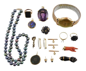 JEWELRY: Assortment of 14k and 10k jewelry, stamped or tested, rings, pendants, pins, and more,