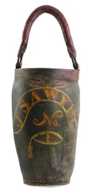 Painted leather fire bucket, "J.S. Sawyer" and "No. 1" in yellow and red paint, wear consistent with