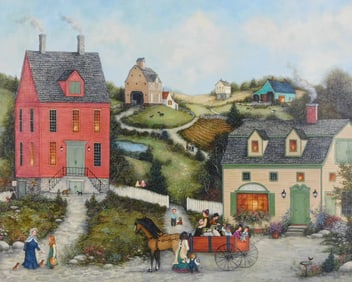 Linda Nelson Stocks (American, 1938-2011), Untitled (Tall Red House), 2002, oil on archival canvas,