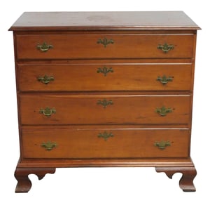 Four drawer chest, New England, 18th C., cherry and pine, graduated drawers with thumbnail edges,
