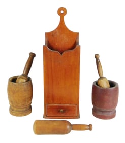 TREENWARE: Six pieces, including: two mortars and two pestles, one mortar with red paint, mortars