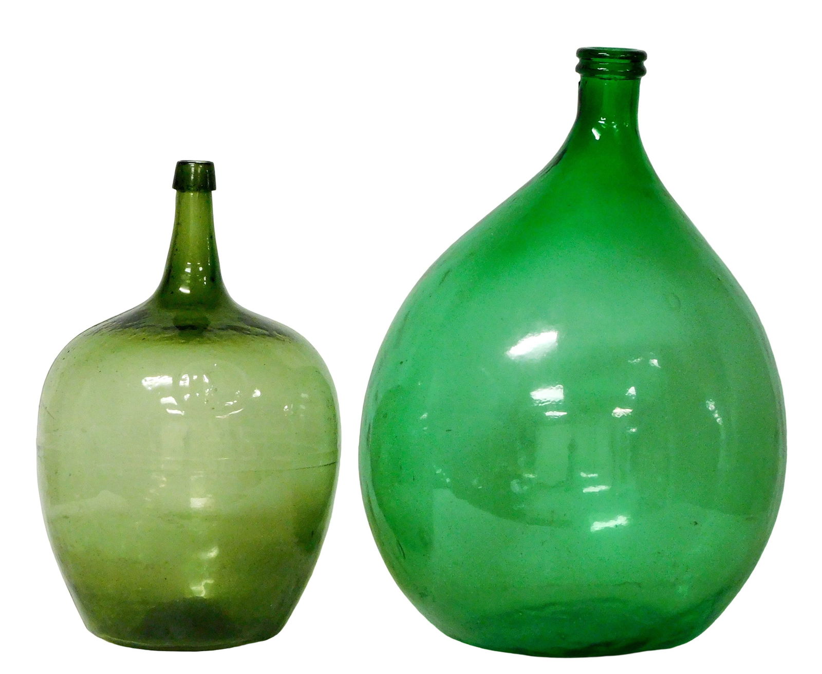 GLASS: Two early demijohn bottles, both in green molded glass, one with double ring lip and the (1 of 7)