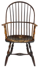 Windsor sack back armchair, American, 19th C., pine seat, maple and ash, dark natural finish, heavy