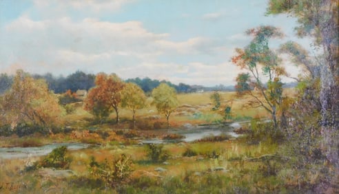 20th C. summer landscape signed "J.T. Benson", oil on canvas, stream winds through landscape with